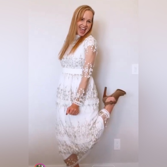 Polagram Dresses & Skirts - Sweetly elegant cream and gold elegant midi dress — tiers and gathered waist